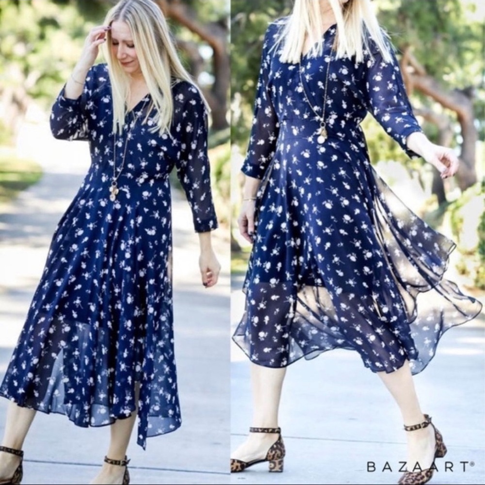 Cabi Dream Dress Floral Midi 3/4 Sleeve Midnight Navy Chiffon Spring 2019 #5575